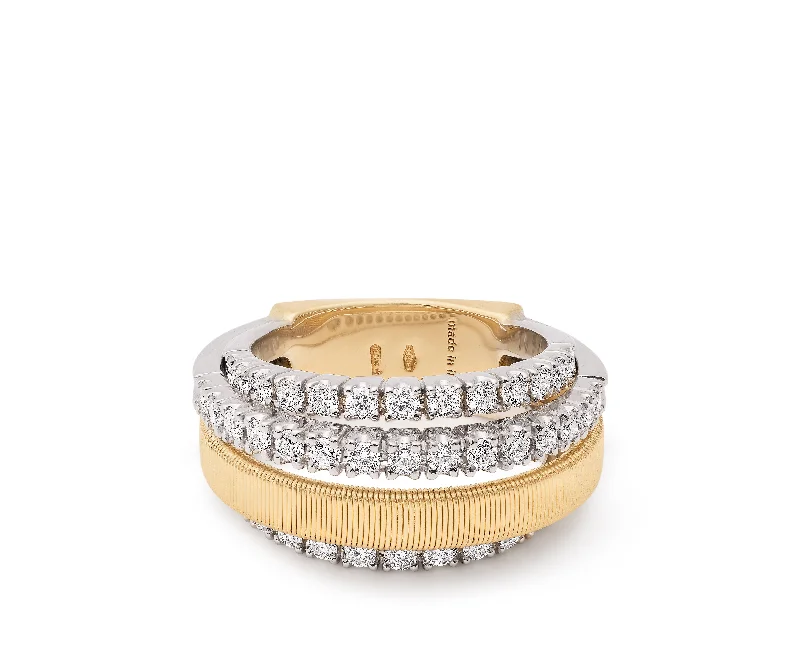 18K Yellow Gold 4-Strand Coil Ring With 3 Diamond Pavé Bands