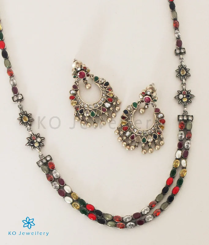 The Meghana Silver Navaratna  Necklace(2 Layers/Oxidised)