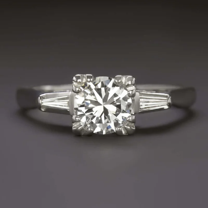 1 CARAT G-H SI1 VINTAGE DIAMOND ENGAGEMENT RING ROUND CUT BAGUETTE ACCENTS 1ct