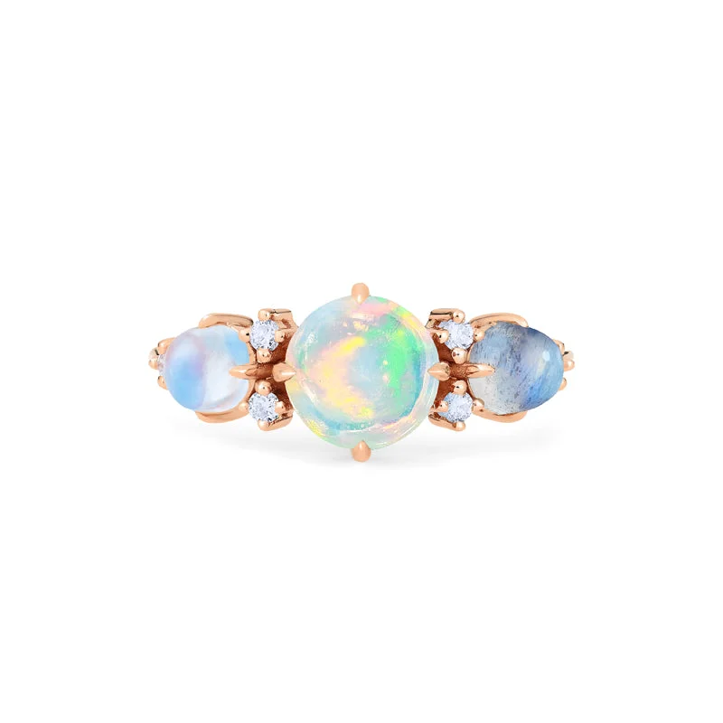 [Celestine] Interstellar Three Stone Ring in Australian Opal, Moonstone, and Labradorite