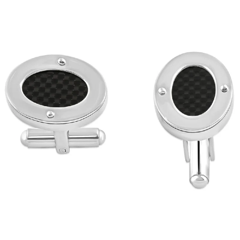 Men's Stainless Steel And Black Carbon Fiber Oval Polished Cufflink 8mm