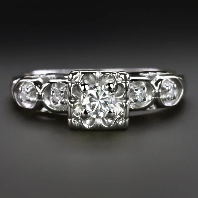 VINTAGE DIAMOND ENGAGEMENT RING TRANSITIONAL CUT 14k WHITE GOLD ILLUSION SETTING