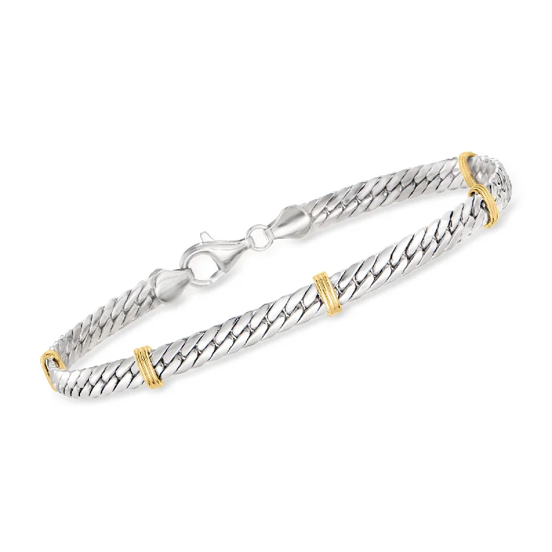 Ross-Simons Sterling Silver and 14kt Yellow Gold Cuban-Link Bracelet