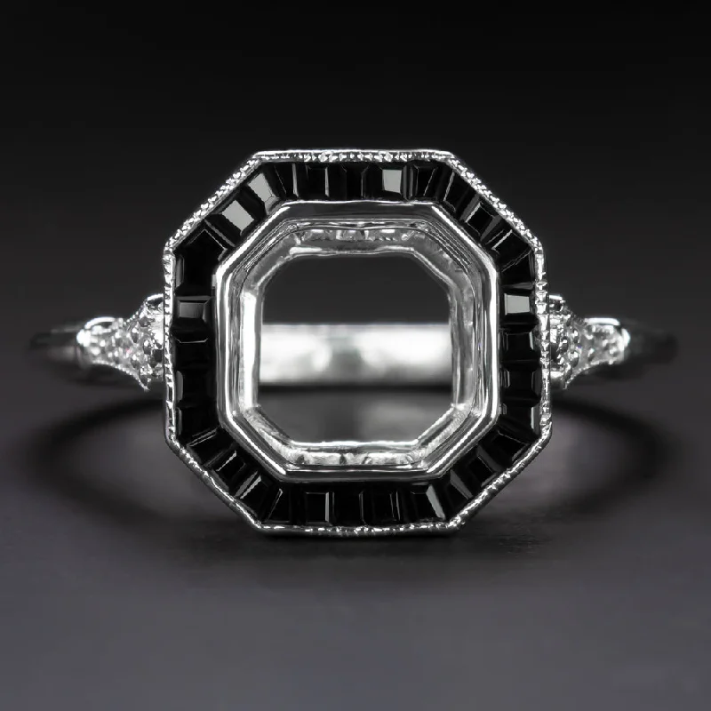 VINTAGE STYLE ONYX DIAMOND ENGAGEMENT RING SETTING ASSCHER RADIANT 7.5M ART DECO