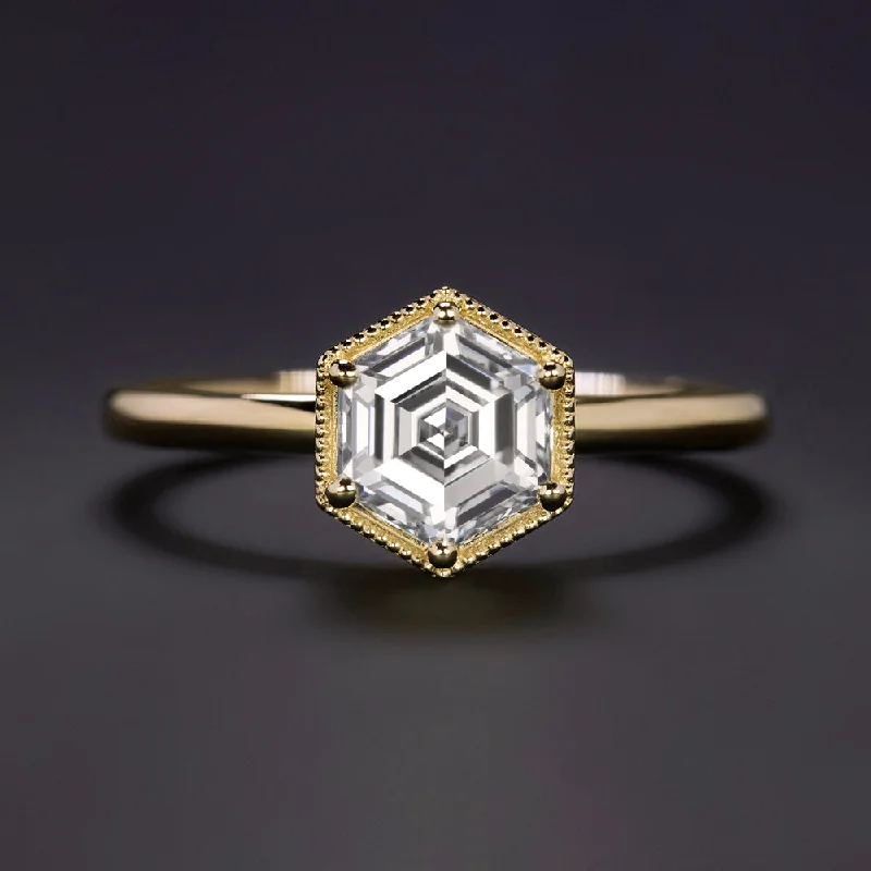 1.05ct LAB CREATED DIAMOND ENGAGEMENT RING HEXAGON CUT 14k YELLOW GOLD SOLITAIRE