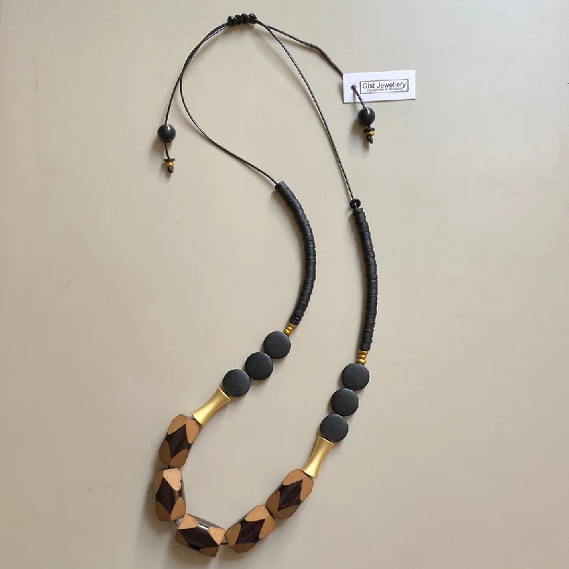 MRL02 - Adjustable cord necklace with Clay, acrylic, wood and gold plated detail