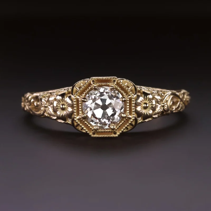 OLD MINE CUT DIAMOND ENGAGEMENT RING VINTAGE STYLE SOLITAIRE GOLD FLORAL 1/2ct