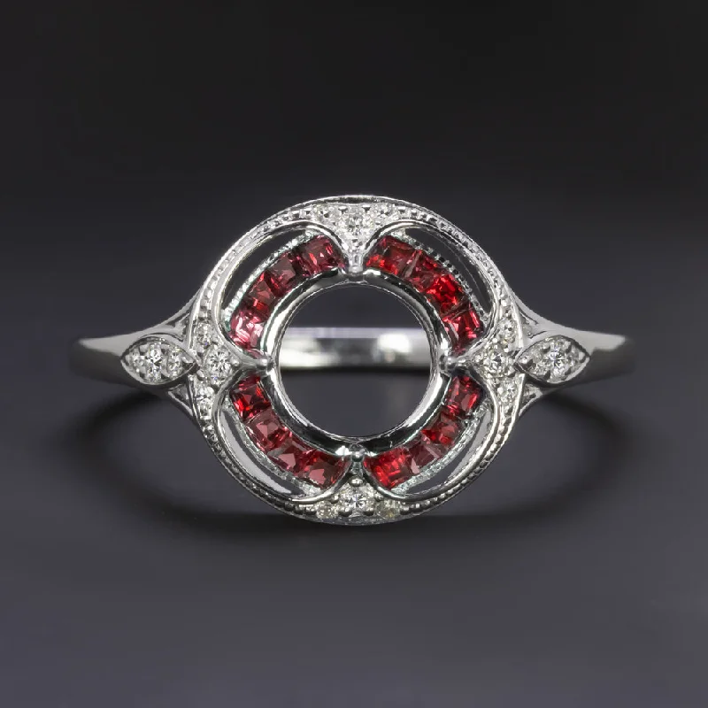 RUBY DIAMOND 6mm ROUND ENGAGEMENT RING SETTING VINTAGE STYLE HALO TARGET MOUNT