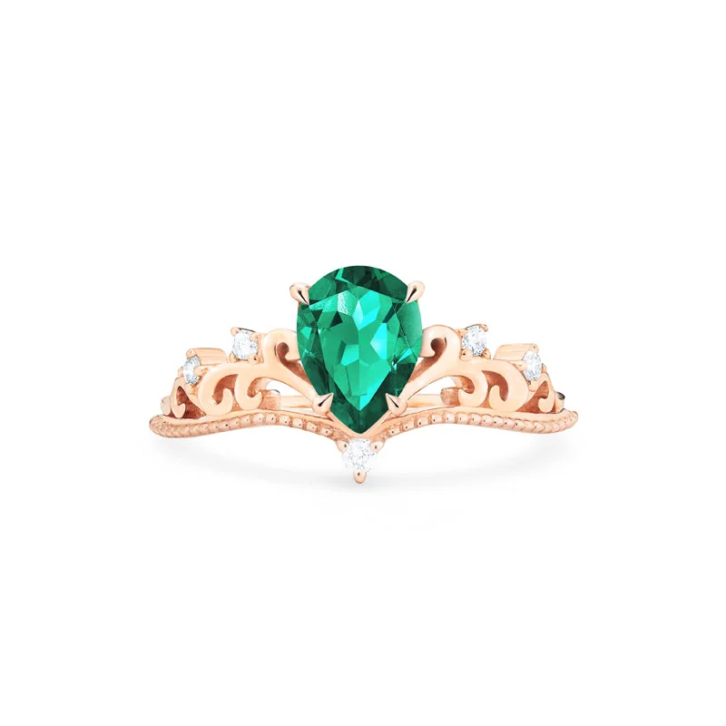 [Veronica] Vintage Crown Pear Engagement  Ring in Emerald