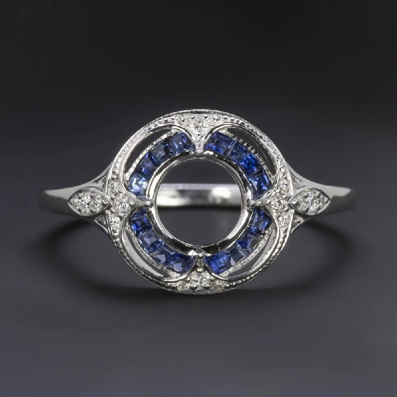 SAPPHIRE DIAMOND 6mm ROUND ENGAGEMENT RING SETTING VINTAGE STYLE HALO TARGET