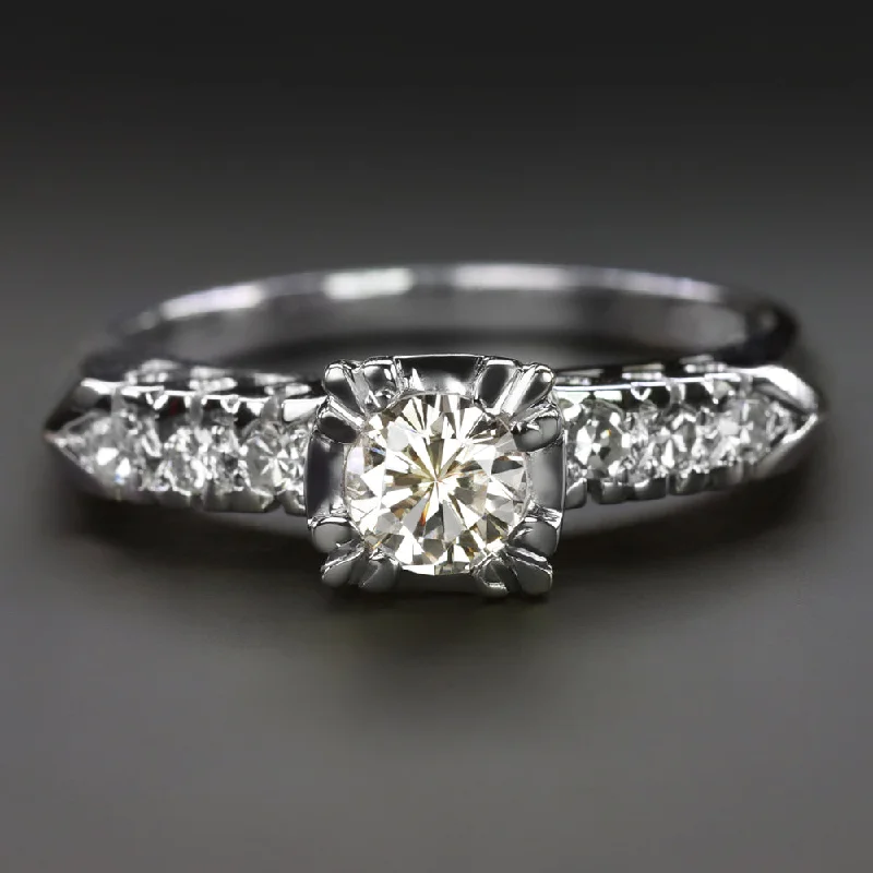 VINTAGE DIAMOND ENGAGEMENT RING ROUND CUT 14k WHITE GOLD RETRO ESTATE CLASSIC