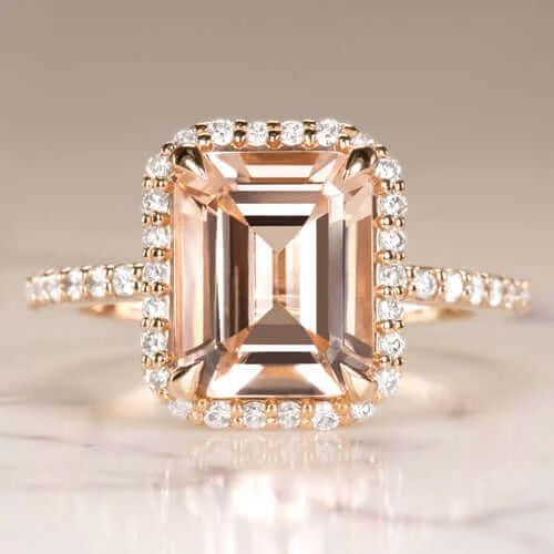 2.7ct EMERALD CUT PEACH MORGANITE 0.62c DIAMOND ENGAGEMENT RING HALO ROSE GOLD