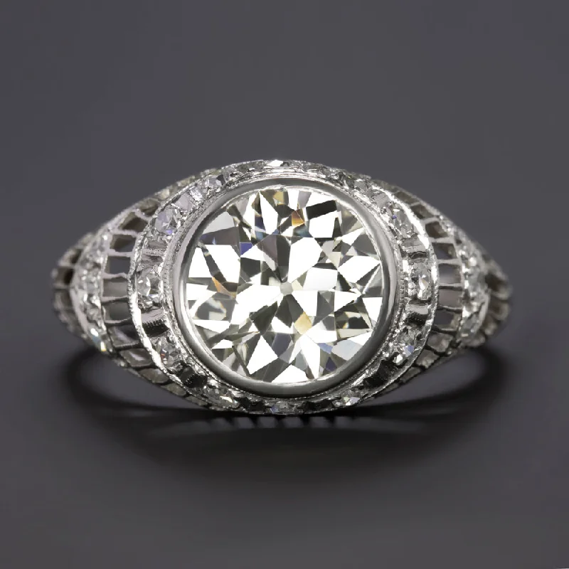 3.06ct GIA CERTIFIED OLD EUROPEAN CUT DIAMOND ENGAGEMENT RING VINTAGE PLATINUM