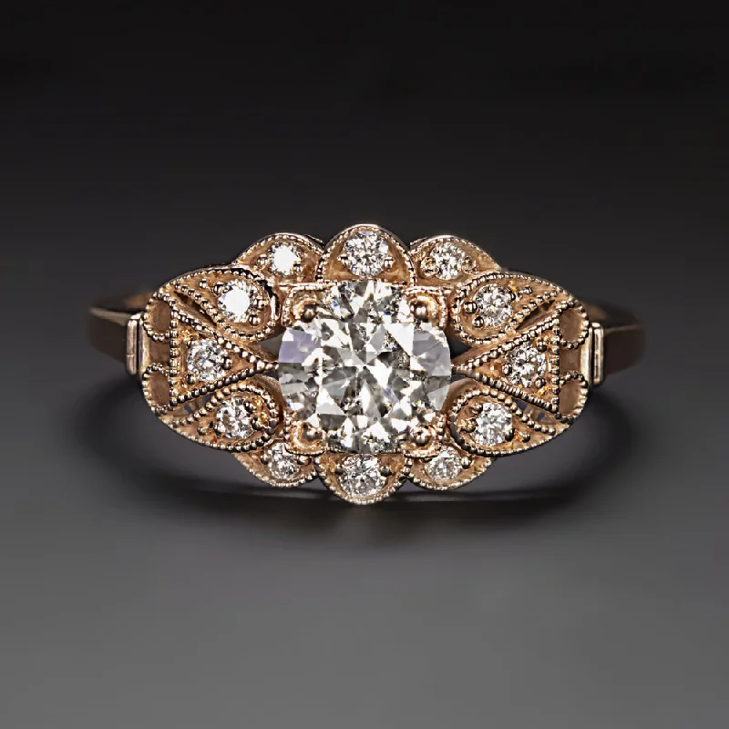 VINTAGE STYLE DIAMOND ENGAGEMENT RING FILIGREE 14k ROSE GOLD NATURAL ROUND CUT