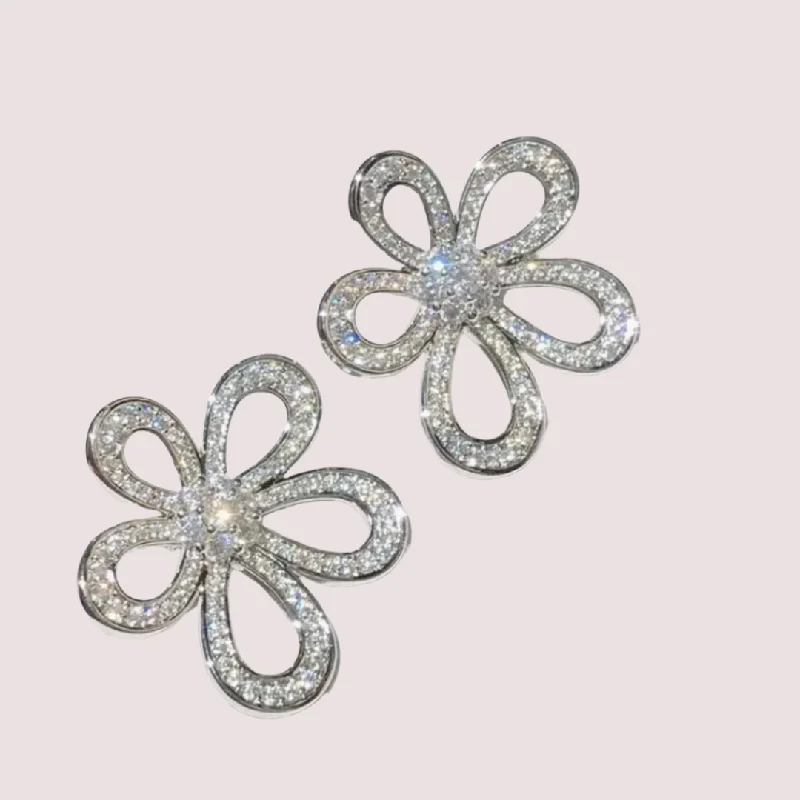 Silver Sparking Stud Earrings, flower shape