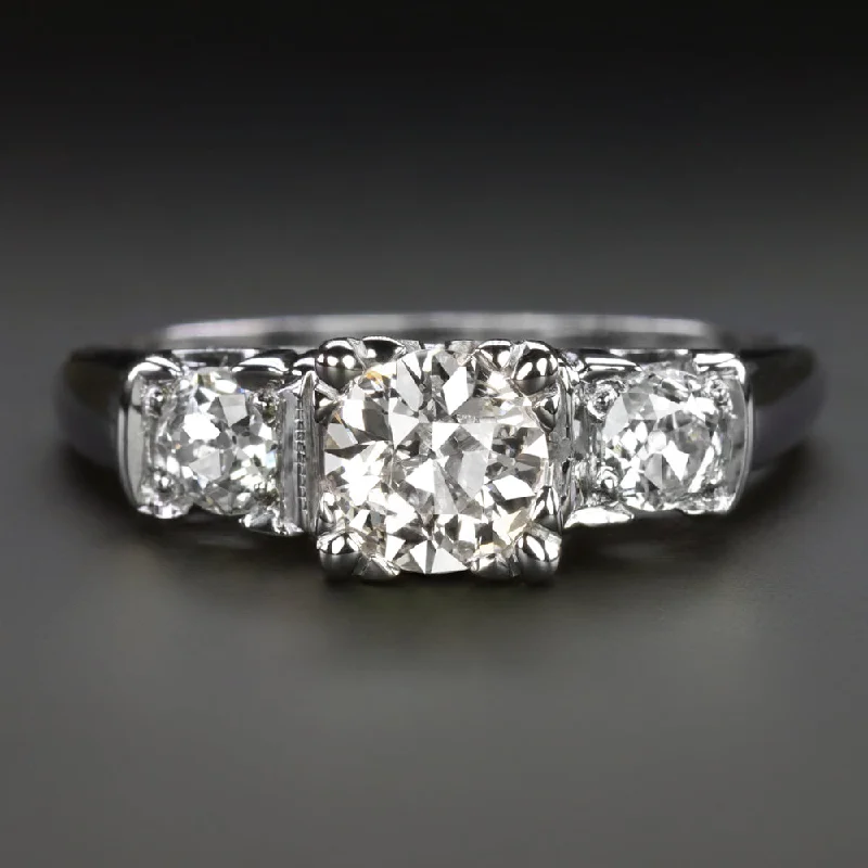 VINTAGE DIAMOND ENGAGEMENT RING 1.02ct OLD EUROPEAN CUT 3 STONE WHITE GOLD 1ct