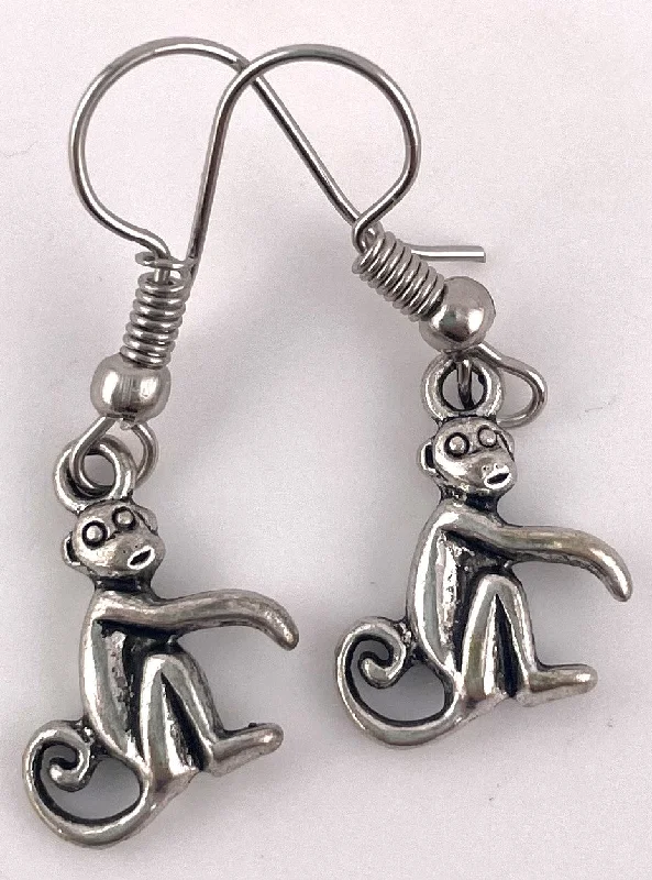 Silver Monkey Charm Drop Earrings