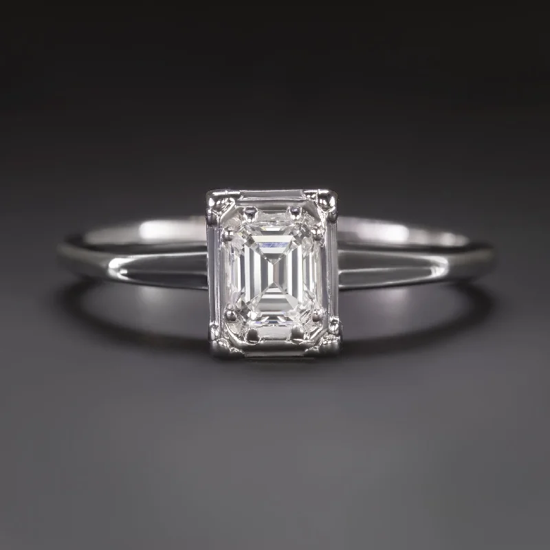 EMERALD CUT DIAMOND ENGAGEMENT RING 14k WHITE GOLD ILLUSION NATURAL SOLITAIRE