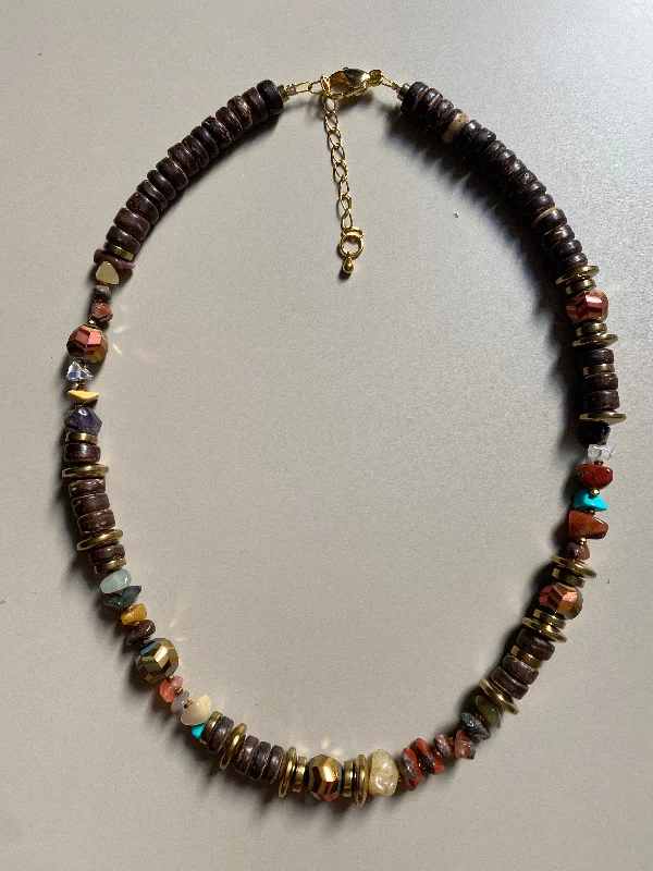 FRT08 - Coconut, Gold plated hematite, semi precious stone chips and crystal details make this 18" necklace