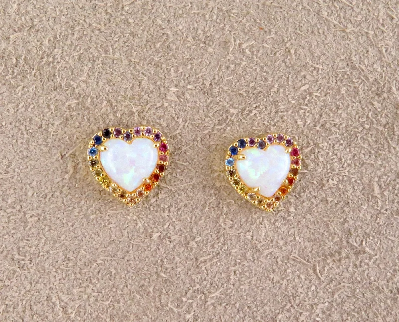 Multicolor Opal Heart Post Earrings