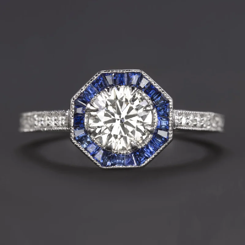 DIAMOND SAPPHIRE ENGAGEMENT RING VINTAGE STYLE ART DECO TARGET VERY GOOD ROUND