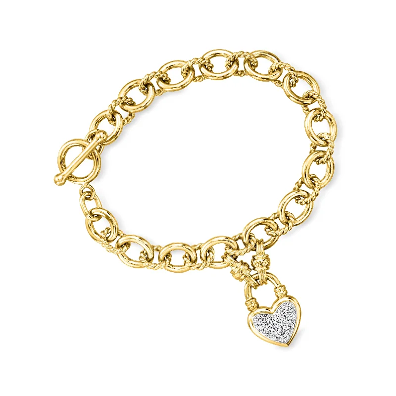 Ross-Simons Diamond Heart Lock Toggle Bracelet in 18kt Gold Over Sterling and Sterling Silver