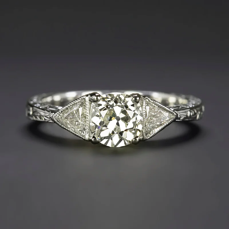 1.35c OLD MINE CUT DIAMOND ENGAGEMENT RING VINTAGE STYLE TRILLION 14k WHITE GOLD