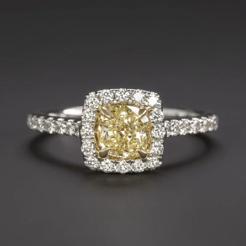 FANCY YELLOW DIAMOND ENGAGEMENT RING HALO 18k WHITE GOLD 1ct GIA CERTIFIED VS1