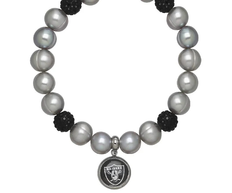 Oakland Raiders Stretch Pearl & Crystal Bracelet In Grey