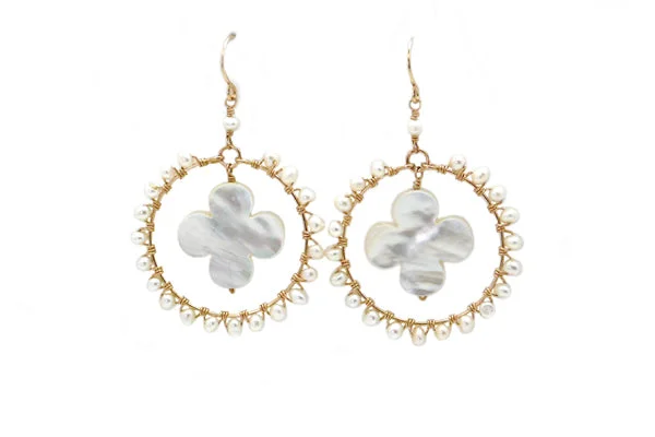 Freshwater Cultured Pearl & Mother of Pearl Quatrefoil Hoops