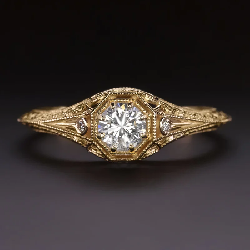 VINTAGE STYLE DIAMOND ENGAGEMENT RING 0.36ct E-F SI 14k YELLOW GOLD FILIGREE