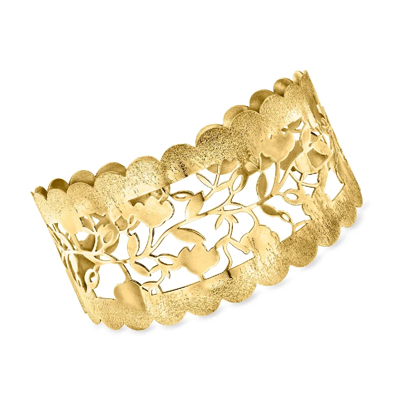 Ross-Simons Italian 18kt Gold Over Sterling Textured and Polished Floral Cuff Bracelet