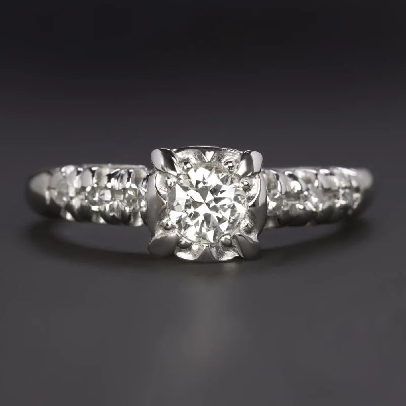 VINTAGE DIAMOND ENGAGEMENT RING 18K WHITE GOLD 1/2ct MID CENTURY ILLUSION ESTATE