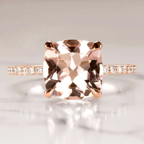 2.6c CUSHION PINK PEACH MORGANITE NATURAL DIAMOND ENGAGEMENT RING PAVE ROSE GOLD