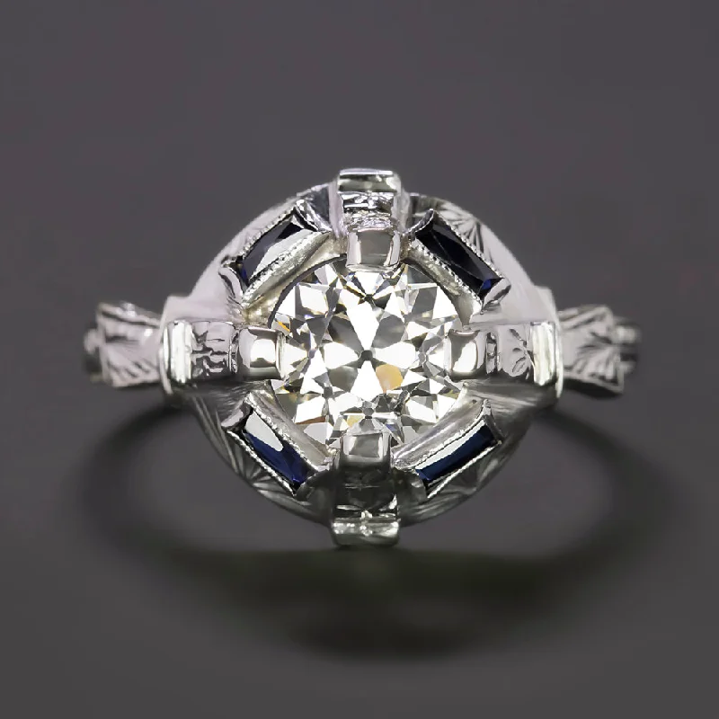 1.15ct GIA CERTIFEID I VS2 DIAMOND SAPPHIRE ENGAGEMENT RING ART DECO VINTAGE 18K