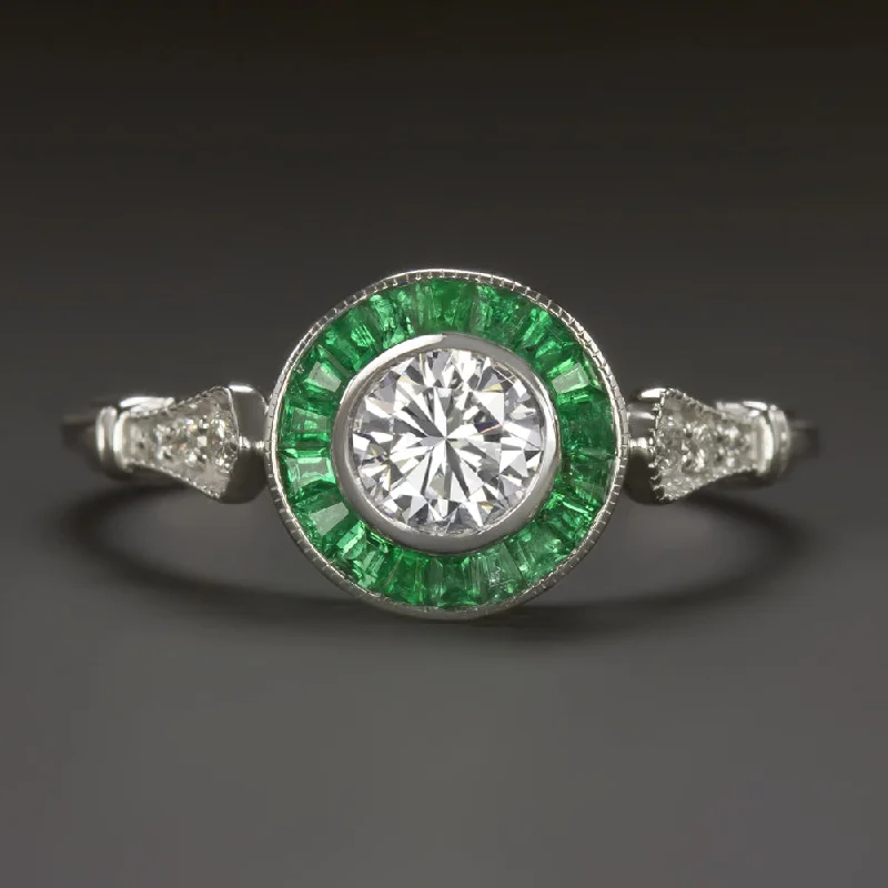 ROUND CUT DIAMOND EMERALD ENGAGEMENT RING ART DECO VINTAGE STYLE TARGET HALO