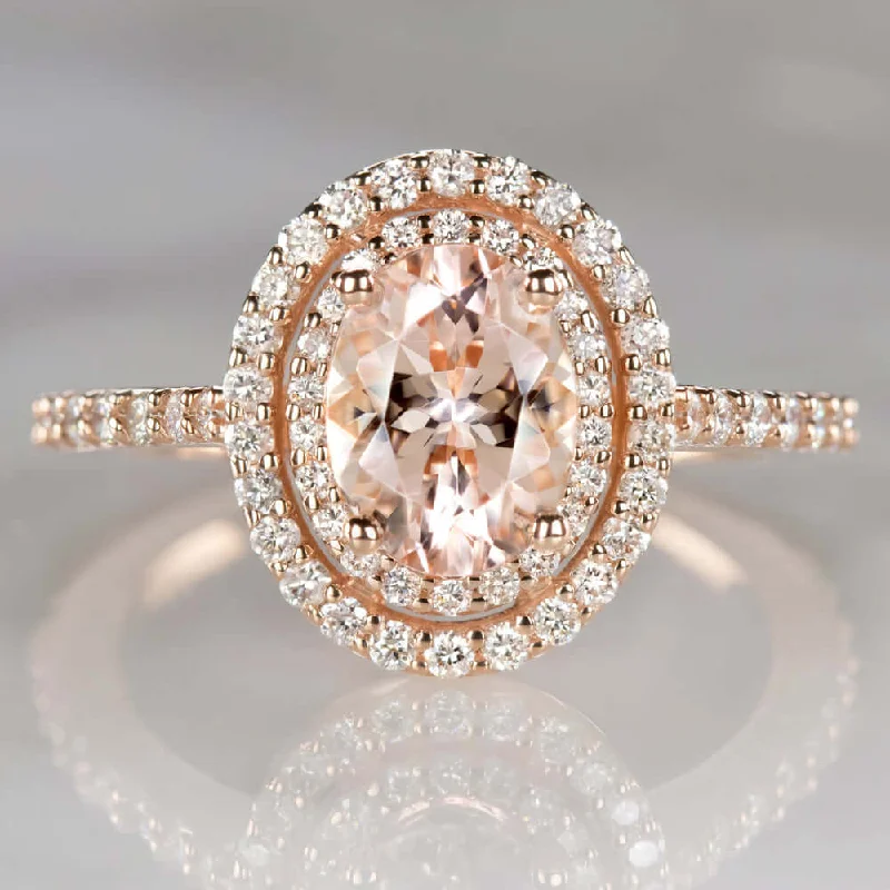 OVAL MORGANITE .61ct DIAMOND DOUBLE HALO ENGAGEMENT RING ROSE GOLD NATURAL PEACH