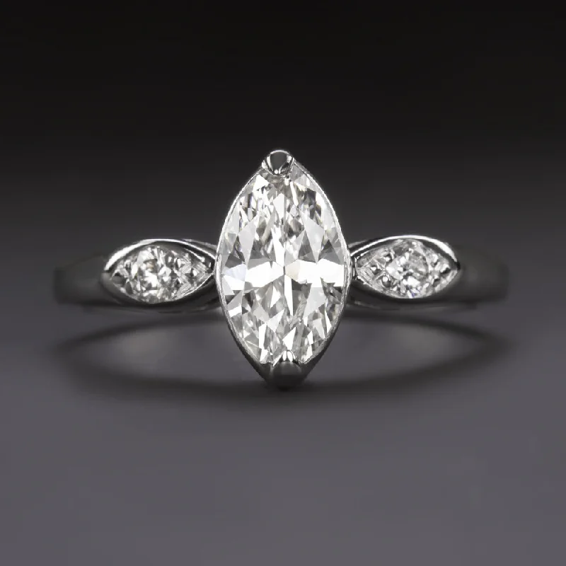 VINTAGE DIAMOND ENGAGEMENT RING 0.70ct G VS1 OLD MARQUISE CUT 3 STONE WHITE GOLD