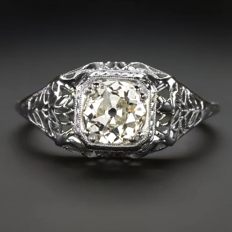 ART DECO DIAMOND ENGAGEMENT RING 0.86ct OLD EUROPEAN CUT 18k WHITE GOLD VINTAGE