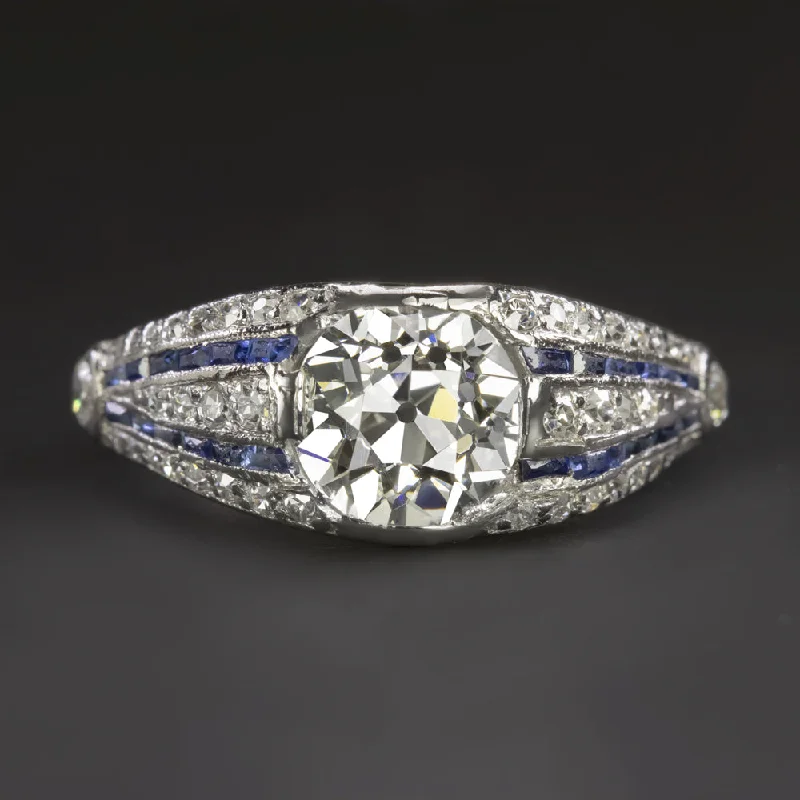 1.43ct VINTAGE OLD EURO CUT DIAMOND ENGAGEMENT RING GIA CERT SAPPHIRE PLATINUM