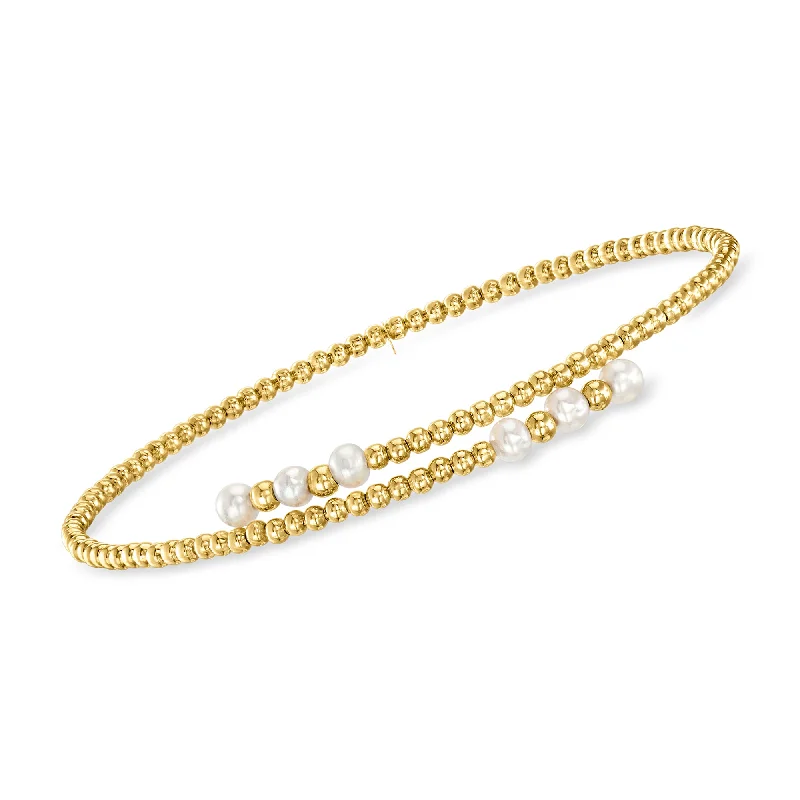 RS Pure by Ross-Simons 3-3.5mm Cultured Pearl Beaded Bypass Cuff Bracelet in 14kt Yellow Gold