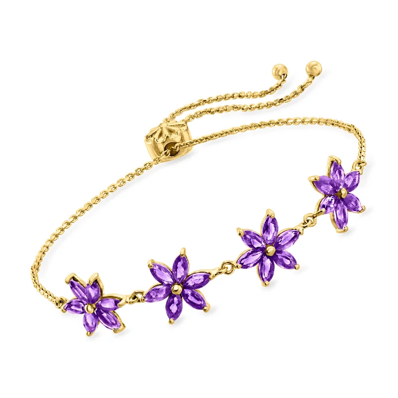 Ross-Simons Amethyst Flower Bolo Bracelet in 18kt Gold Over Sterling