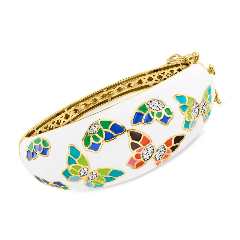 Ross-Simons White Topaz and Multicolored Enamel Butterfly Bangle Bracelet in 18kt Gold Over Sterling