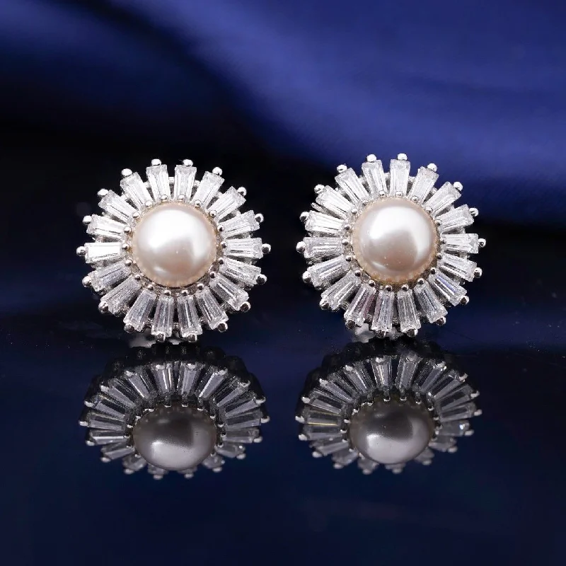 92.5 Silver  Elegant Crystal Floral Earrings- Highlighting Misty Pearl & Moissanite Stone