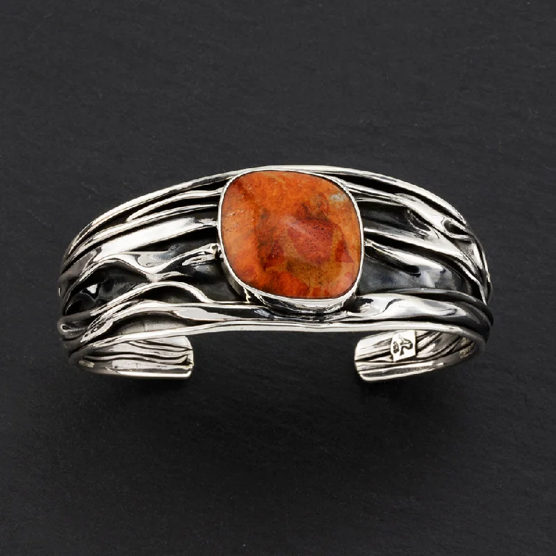 Corrugated Silver and Coral Cuff Bracelet