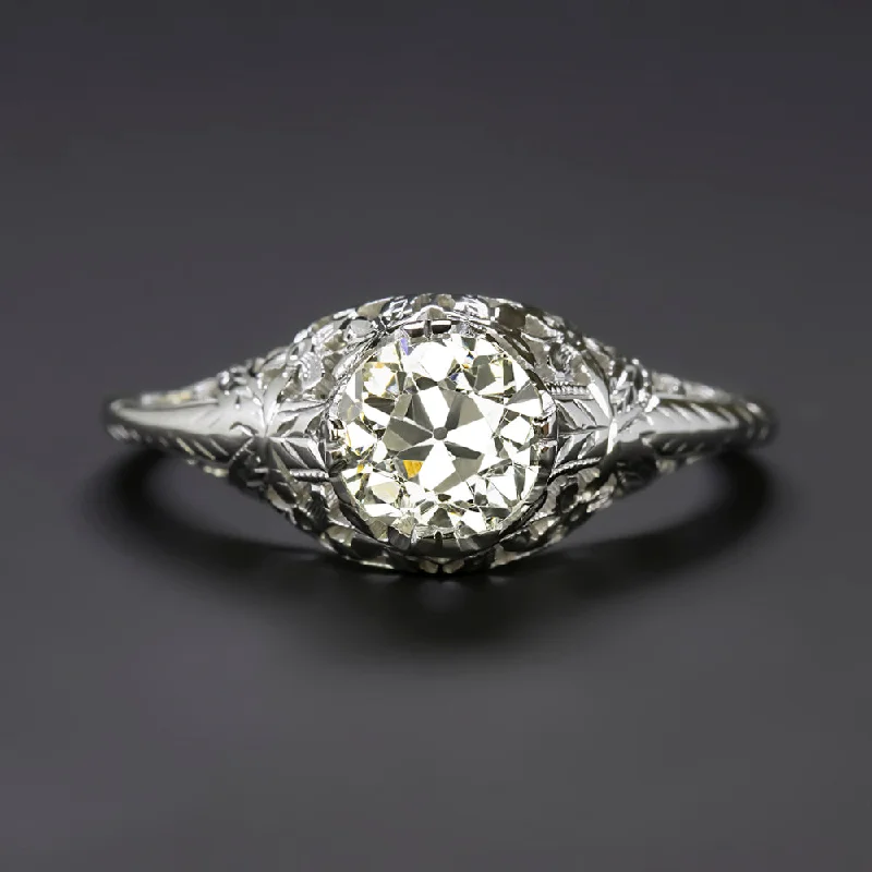 1ct ART DECO DIAMOND ENGAGEMENT RING OLD EUROPEAN CUT 18k WHITE GOLD VINTAGE