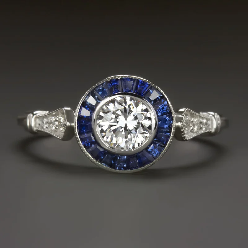 DIAMOND SAPPHIRE HALO ENGAGEMENT RING F VS2 VINTAGE STYLE ART DECO TARGET ROUND