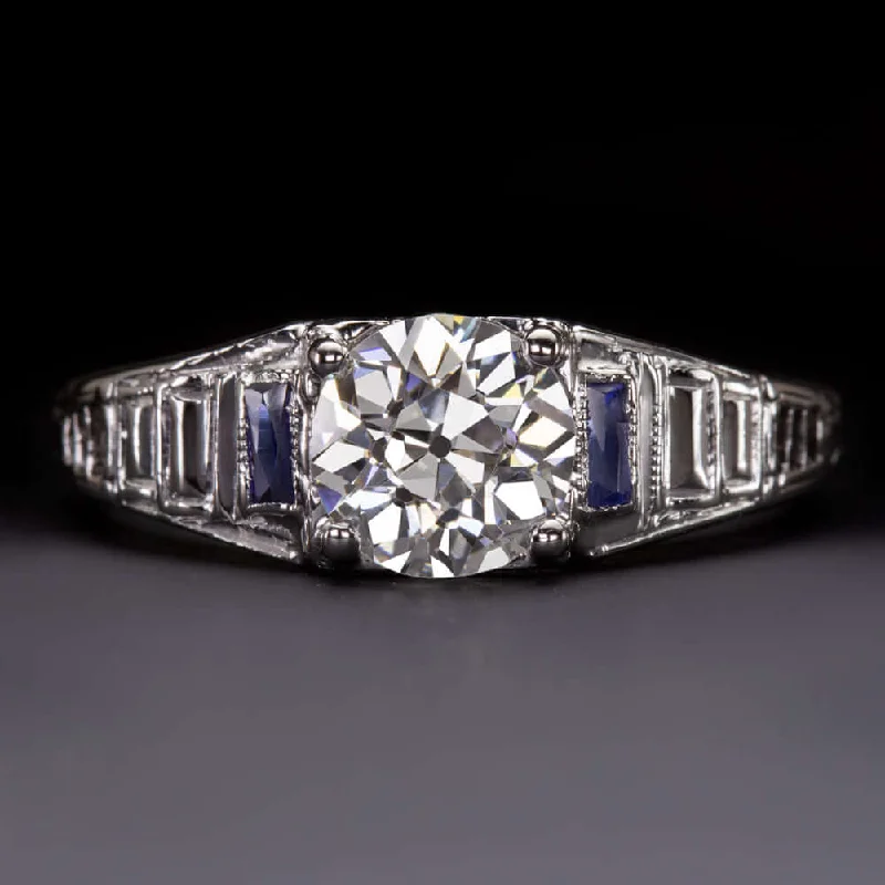 1ct F-G SI1 CERTIFIED DIAMOND ENGAGEMENT RING ORIGINAL VINTAGE ART DECO SAPPHIRE