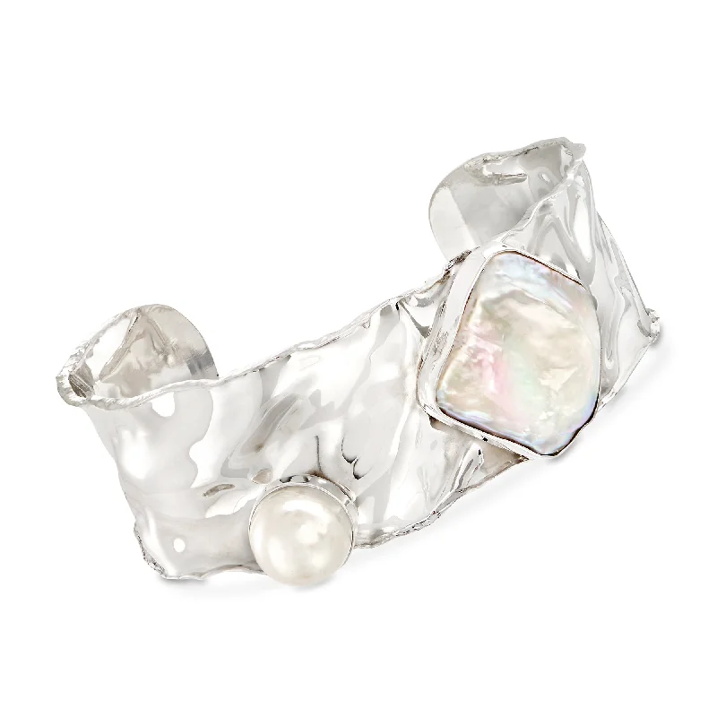 Ross-Simons Bezel-Set Cultured Baroque and Button Pearl Cuff Bracelet in Sterling Silver