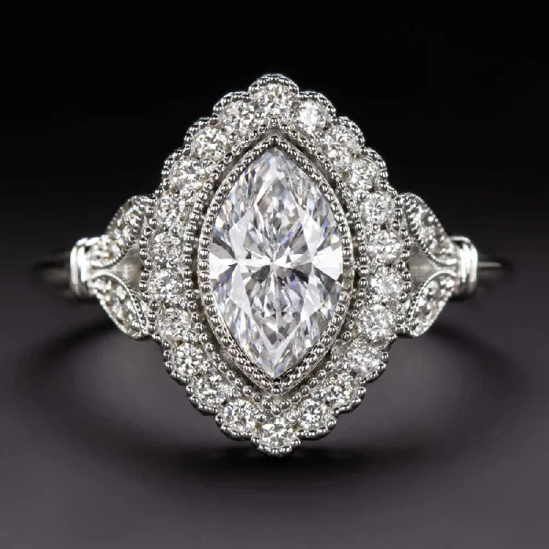 MARQUISE CUT DIAMOND ENGAGEMENT RING VINTAGE STYLE SCALLOPED HALO 14k WHITE GOLD